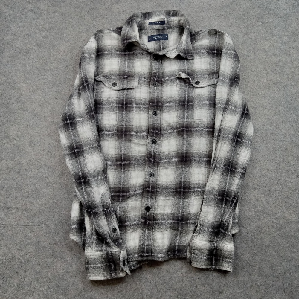 Lucky Brand Shirt Mens Small Gray Black Plaid Classic Fit Button Down